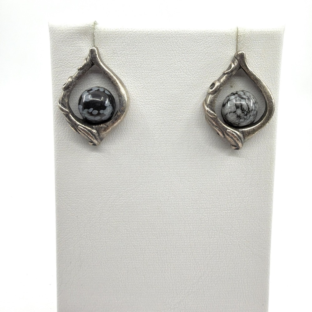 Chicos Silver Tone Teardrop Stud Earrings with Snowflake Obsidian Beaded Center